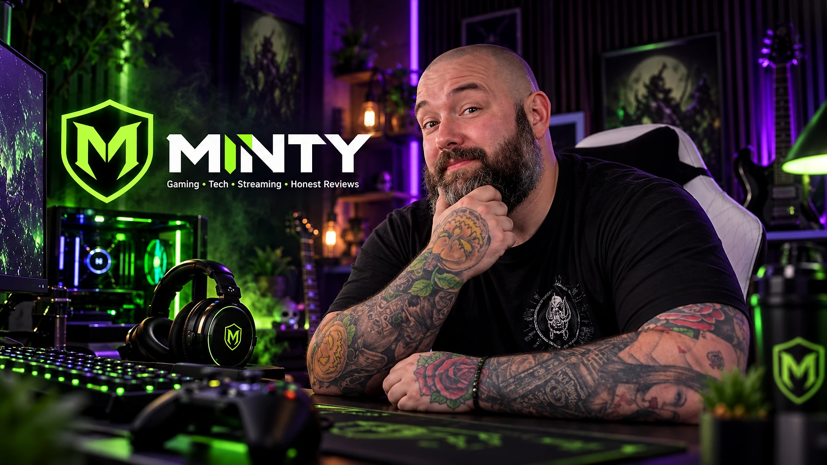 MINTY gaming and tech creator in a neon green and purple studio